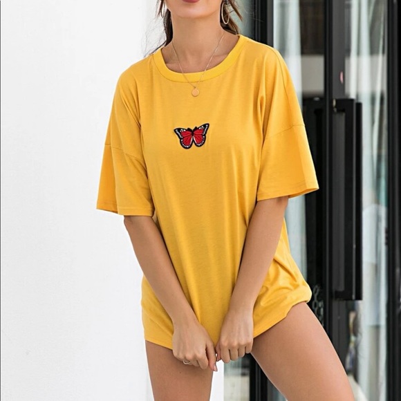 Tops - Embroidered Butterfly Yellow Tee